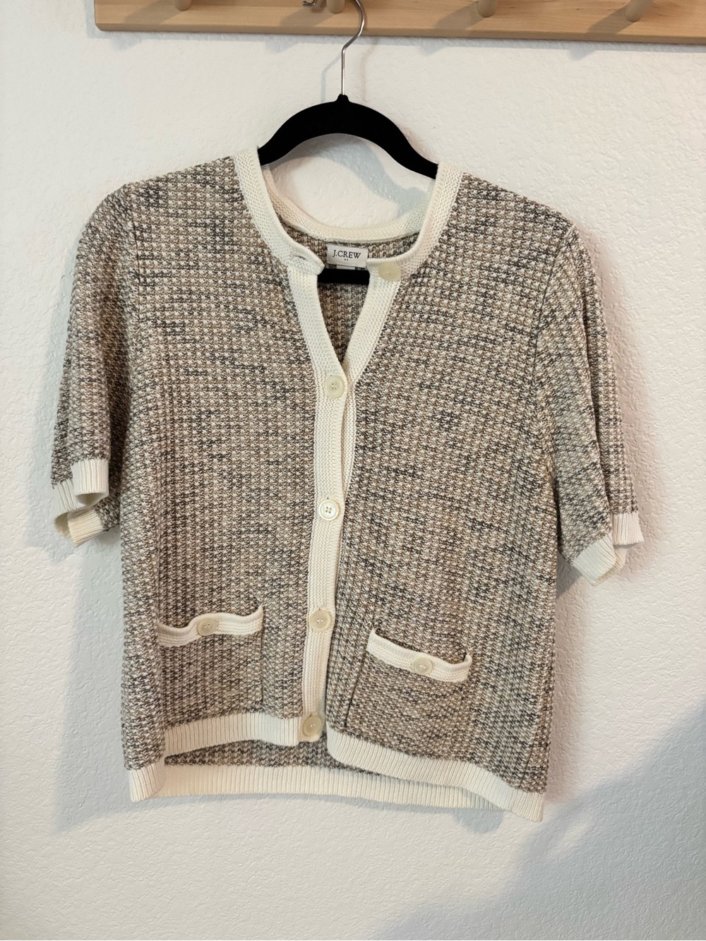 J. Crew Cream and Gray Short-Sleeve Tweed Cardigan